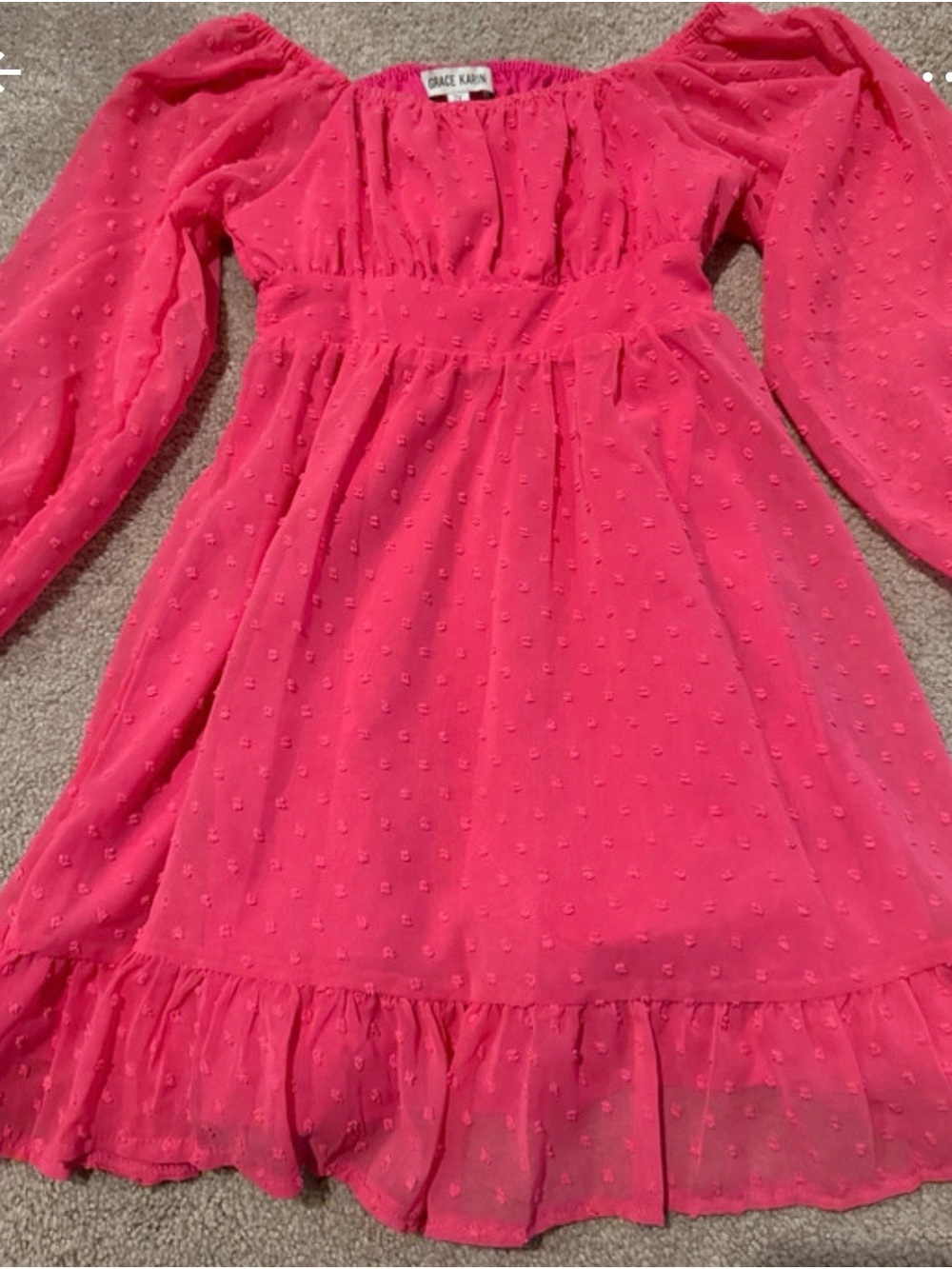 Grace Karin Girls' Hot Pink Swiss Dot Long Sleeve Ruffle Dress